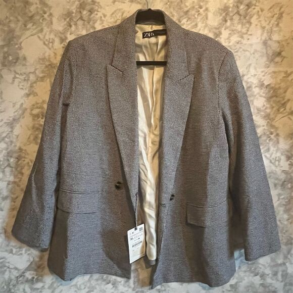 Zara Women's XL Houndstooth Blazer Black & White Double-Breasted Jacket NWT‎ - Picture 1 of 9